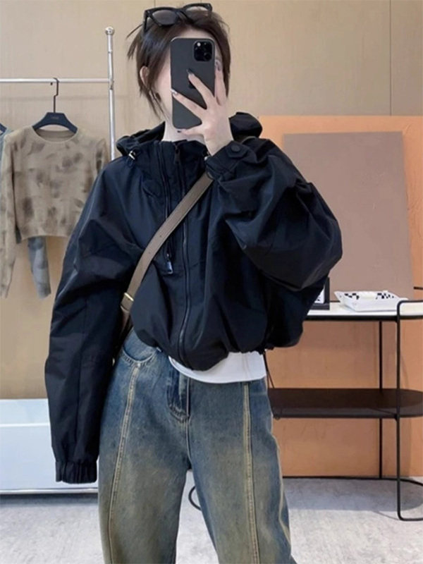 黑色立领连帽短款冲锋衣外套女春秋欧货双拉炼防风工装夹克外套