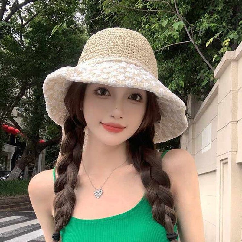 草帽女新款日系小清新蕾丝草编帽子夏季出游防晒帽大檐沙滩遮阳帽