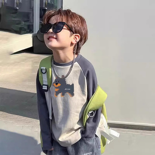 小中大童打底衫 2025新款 t恤春秋装 男童纯棉长袖 儿童上衣内搭 拼袖