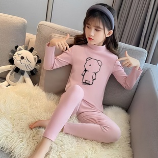 男女童纯色德绒保暖套装 休闲百搭卡通印花儿童上衣 秋冬半高领个性