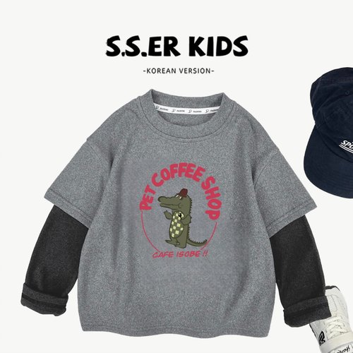 男女童假两件拼接卡通鳄鱼卫衣潮