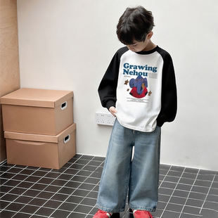 韩版男童纯棉长袖T恤2025早秋中大童休闲宽松百搭撞色圆领上衣潮