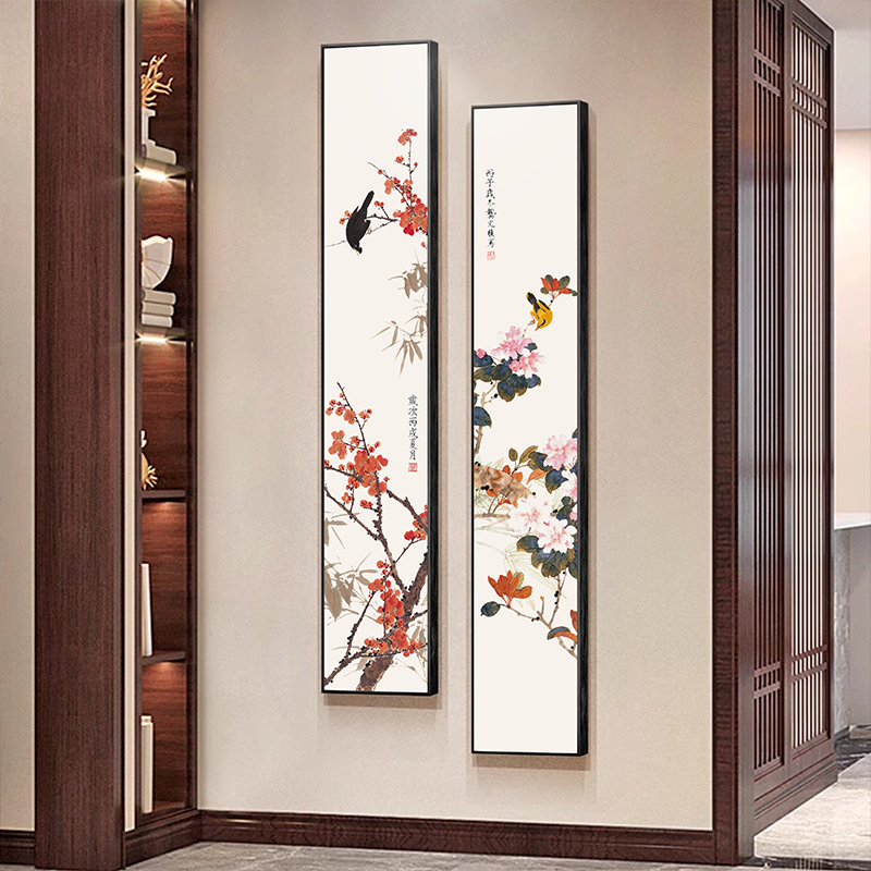 新中式玄关装饰画入户正对门梅花牡丹花客厅挂画花鸟竖版长条壁画