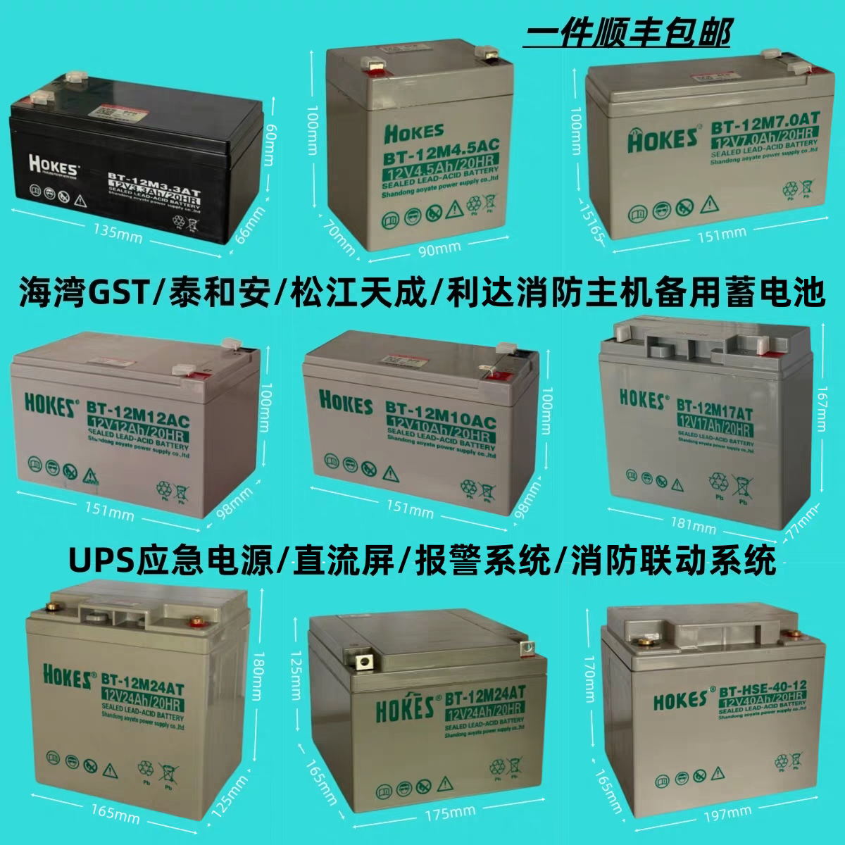 12V蓄电池海湾GST泰和安消防主机备用电源UPS应急电源EPS直流屏