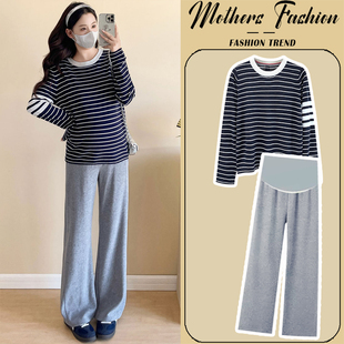 子两件套女 孕期穿搭黑色条纹圆领针织上衣裤 孕妇套装 秋冬2025新款