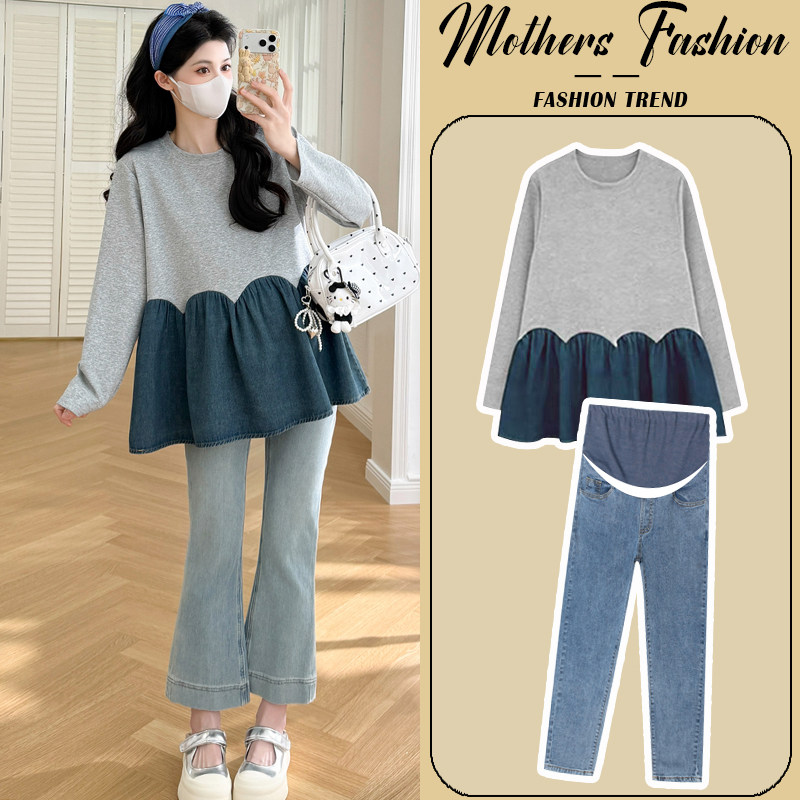 孕妇套装春秋2026新款甜美减龄灰色拼接不显怀上衣牛仔裤两件套女,孕妇装/孕产妇用品/营养,连衣裙,淘宝优惠券,粉丝福利购,淘宝优惠卷