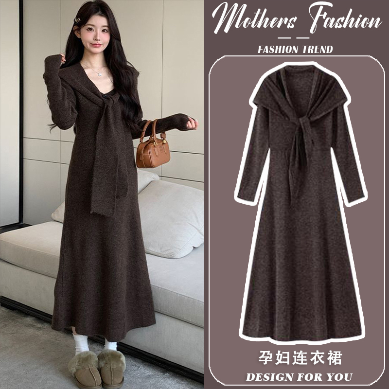 孕妇连衣裙秋冬2025新款孕妈咖色