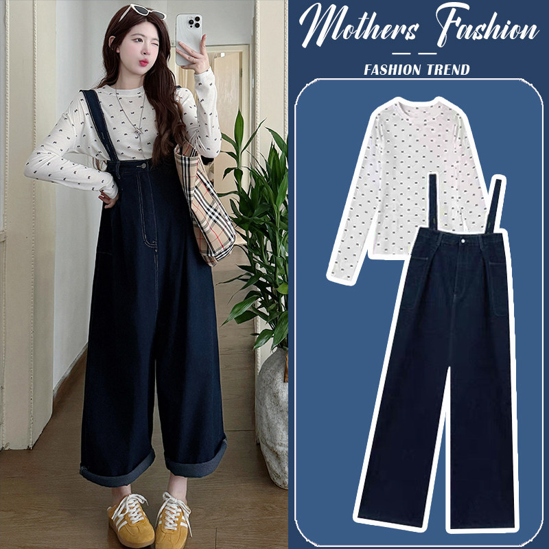 孕妇套装春秋2026新款休闲简约韩版宽松潮妈蓝色牛仔背带裤两件套