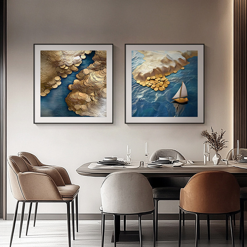 金箔一帆风顺方形餐厅装饰画高档好寓意客厅沙发背景墙挂画组合画