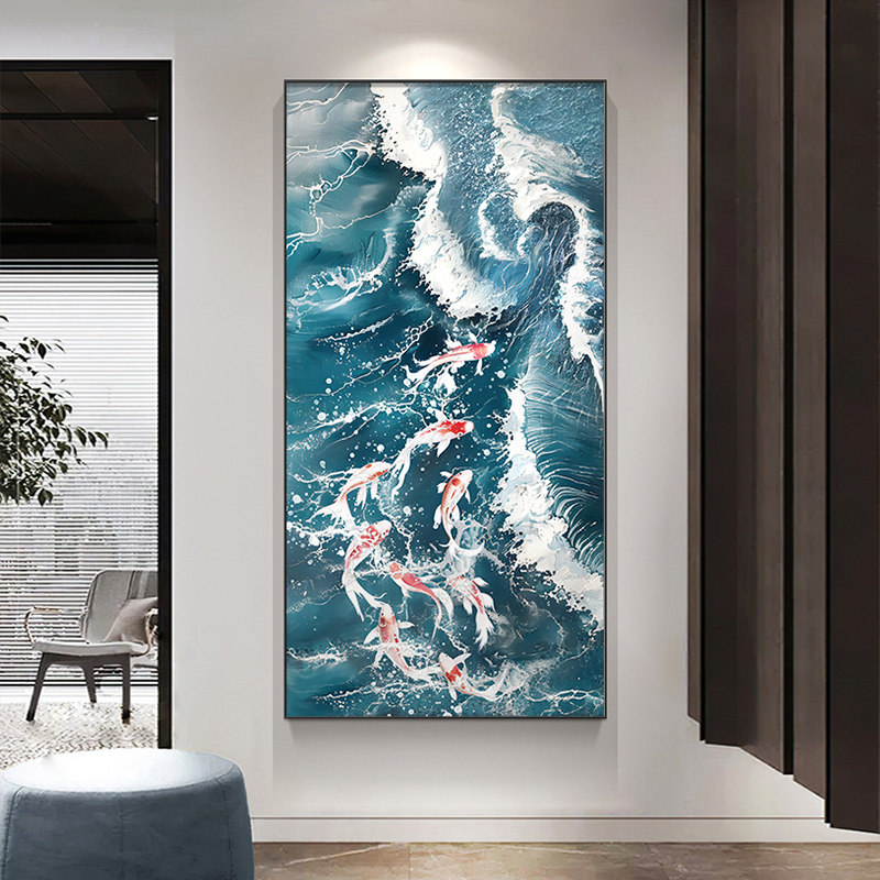 九鱼图玄关装饰画抽象海浪肌理感入户正对门壁画现代轻奢客厅挂画