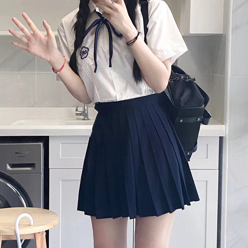 纯色jk裙绀色灰色百褶裙校供感