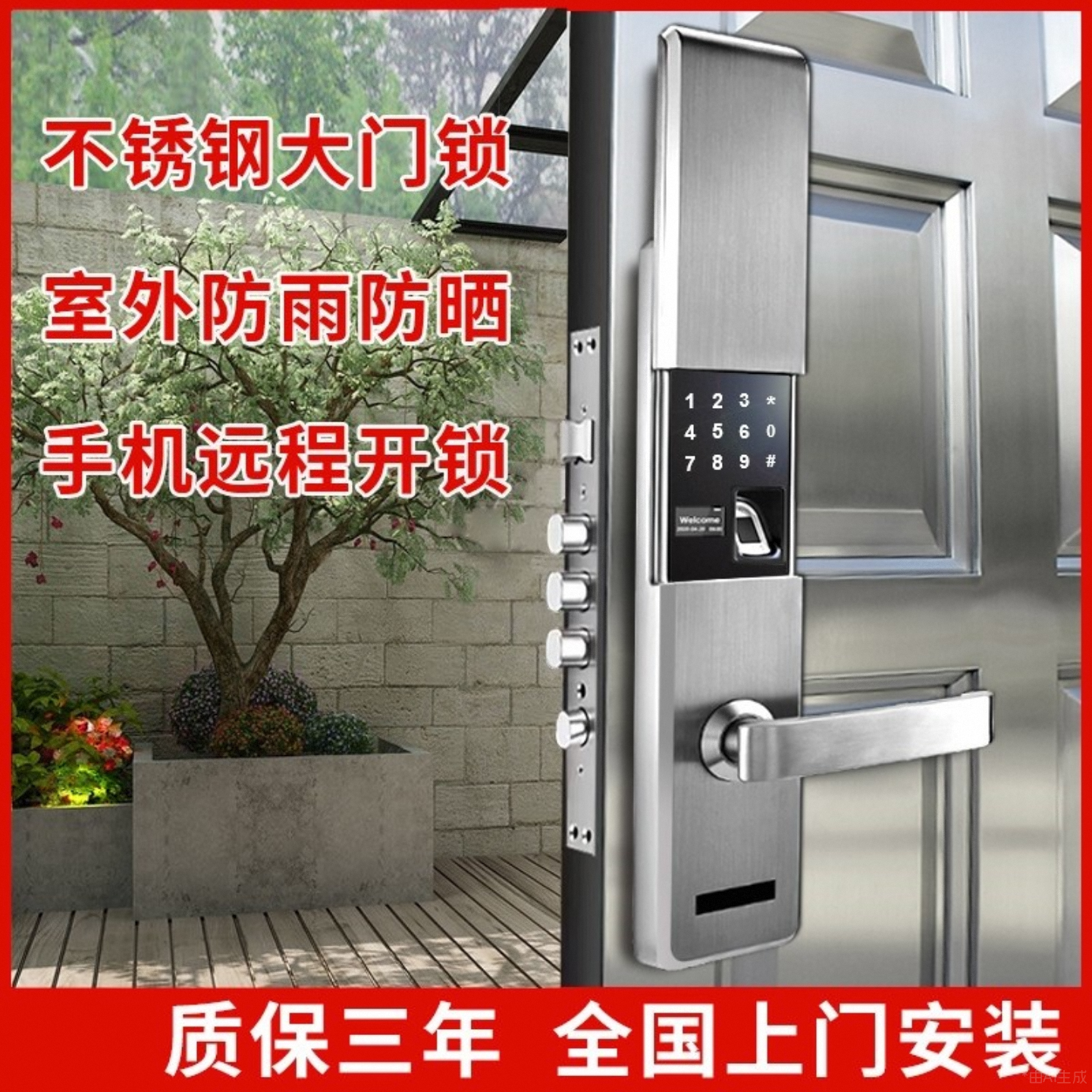 防水指纹锁密码锁不锈钢滑盖大门智选双开门家用门锁防盗 智能锁