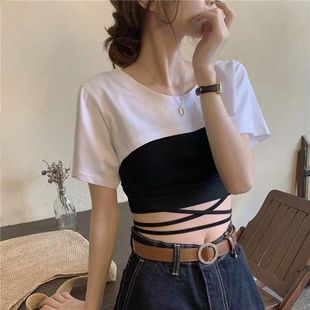 子连肩超短款 新款 女士假袖 T恤女夏季 简约韩版 宽松设计感小众罩衫