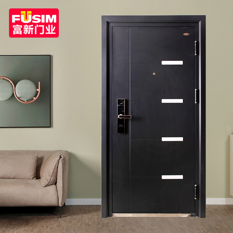 富新FUSIM甲级防盗门黑白双色指纹锁家用入户门安全门进户门
