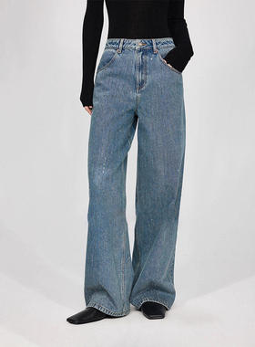 th ROW 小众进口爆闪烫钻摩登中腰裤休闲直筒裤子流星雨牛仔裤女