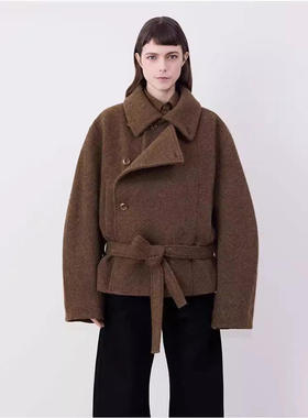 LEMA秋冬新款设计感纯色不对称束腰短款大衣女高级感毛呢外套