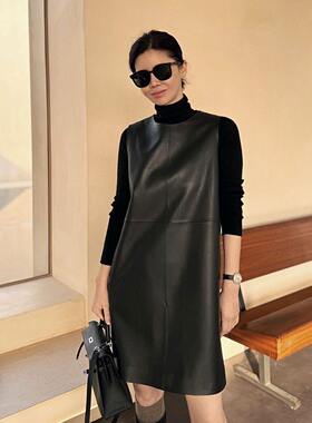 20025春夏新款进口绵羊皮立体裁剪无袖直筒连衣裙简约收腰款