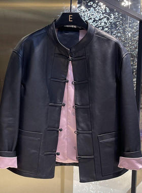 刘雯同款欧洲站复古盘扣绵羊皮中国风皮衣女真皮立领夹克外套女