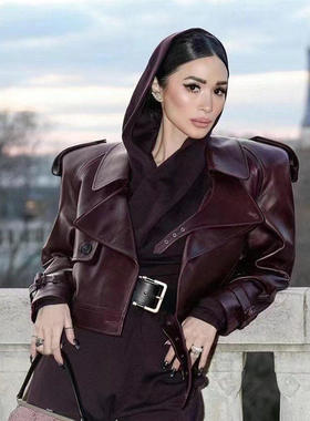 2026春秋走秀款杨树林经典酒红色超短大廓肩皮衣皮夹克短款外套女