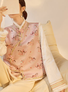 国风时尚斜襟水貂毛毛马甲冬季新中式气质小马刺绣背心女 NY042