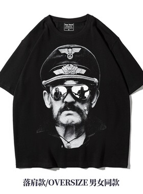 复古金属乐队摩托头乐队motorhead重磅落肩oversize纯棉五分袖T恤