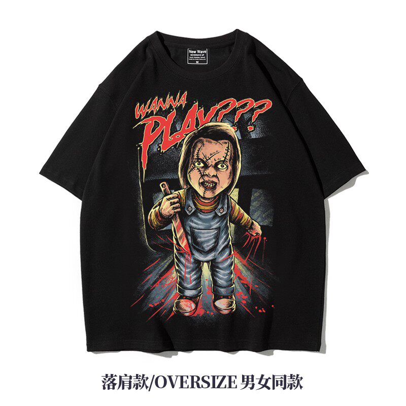 欧美电影鬼娃新娘鬼娃回魂街头潮流宽松oversize落肩纯棉t恤圆领