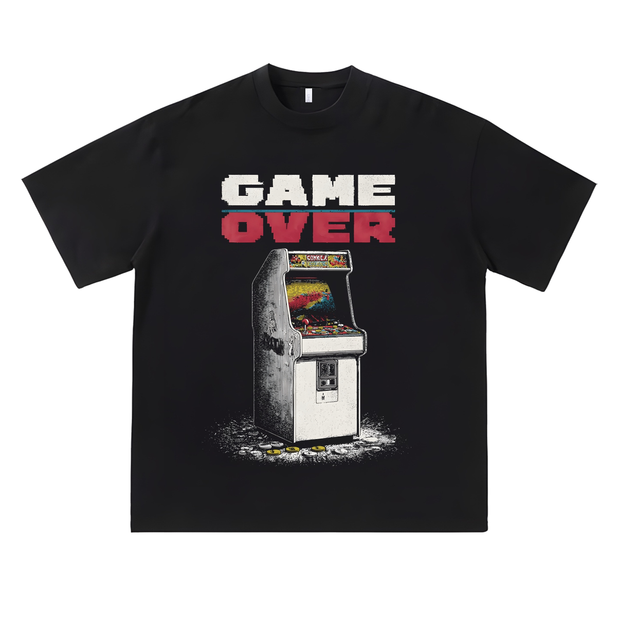 vintage美式潮流复古8090后街机游戏机gameover周边印花短袖T恤夏