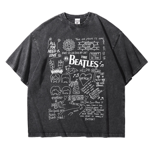 The Beatles披头士摇滚乐队周边复古水洗做旧T恤重磅落肩宽松纯棉