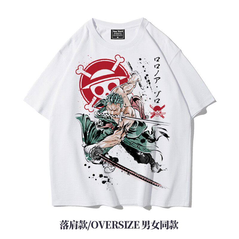 二次元索隆卡通动漫周边印花oversize五分袖落肩纯棉t恤潮牌宽松