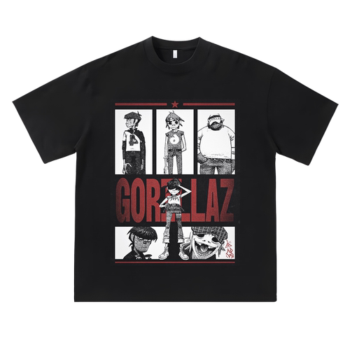 vintage美式复古街头顽童gorillaz英伦乐队摇滚印花宽松短袖T恤