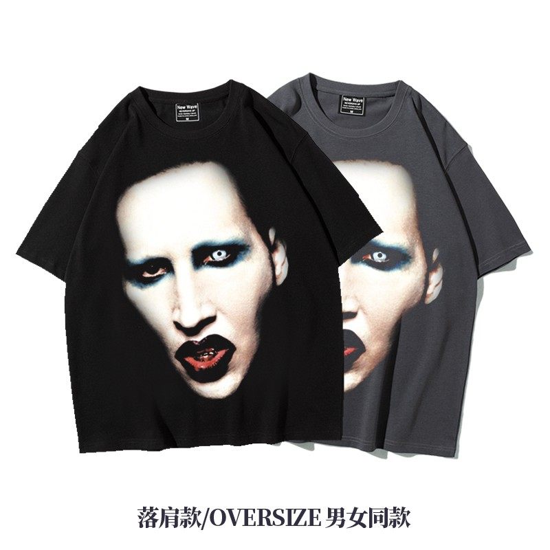 阿美咔叽美式oversize纯棉marilynmanson曼森重磅落肩五分袖t恤男