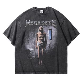 Megadeth美国重金属乐队复古做旧T恤阿美咔叽重磅宽松落肩五分袖