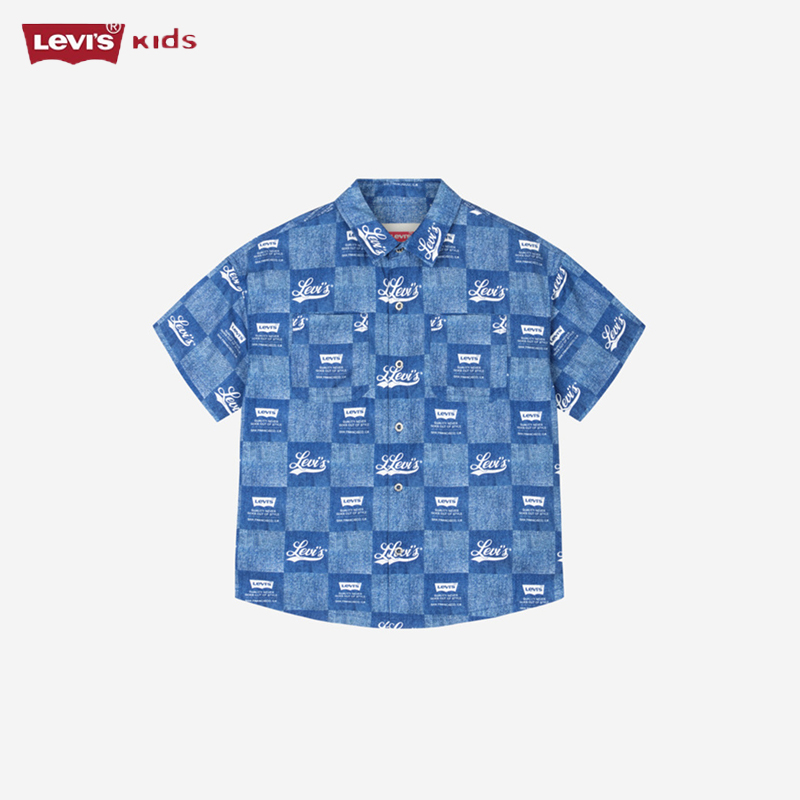 Levi's李维斯25夏新款儿童短袖衬衫男女童休闲印花翻领短袖上衣潮