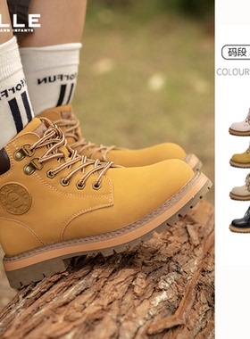 BELLE/百丽儿童马丁靴25秋冬新款加绒男女童皮靴大黄靴工装靴童鞋