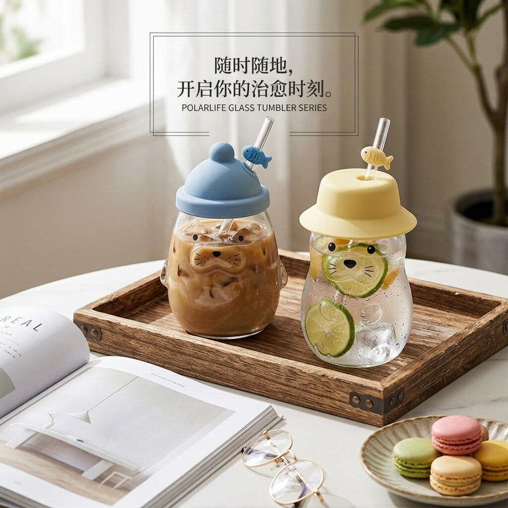可爱卡通动物带盖吸管玻璃杯图片