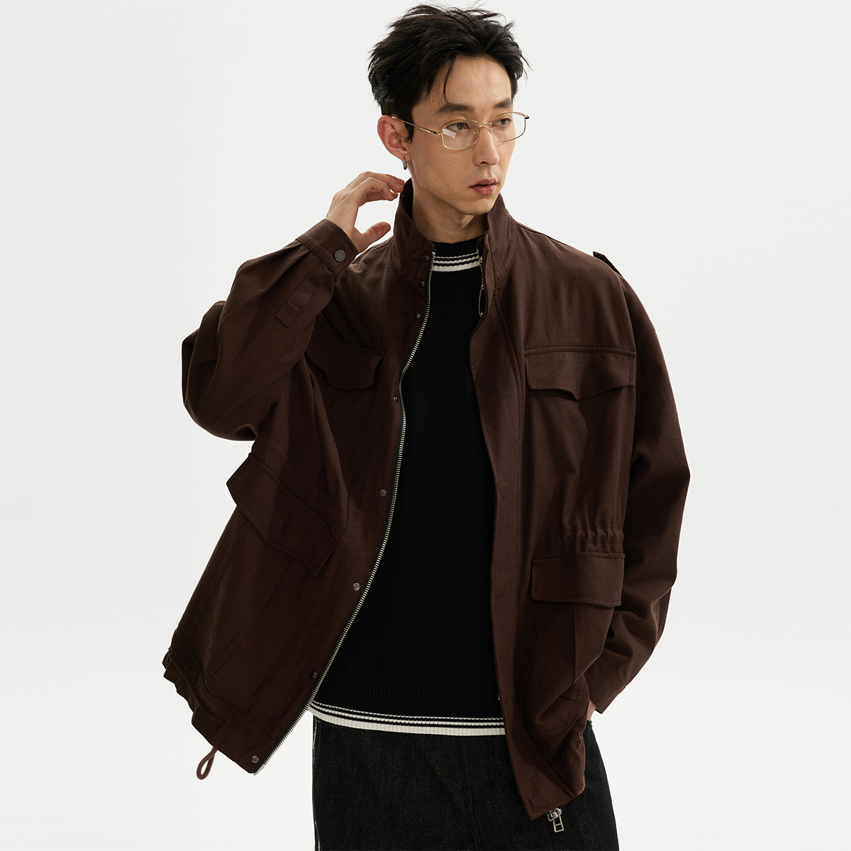 ESAT 中长款天丝立领多口袋抽绳风衣外套