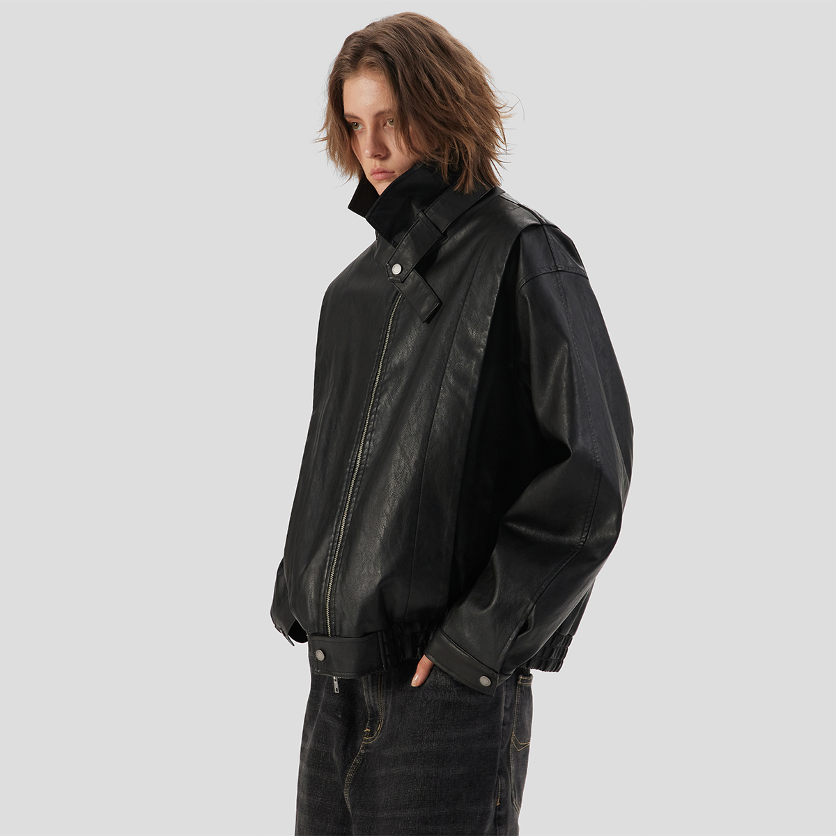 ESAT 宽松复古做旧分割立领皮畔夹克新雪丽200g棉服外套