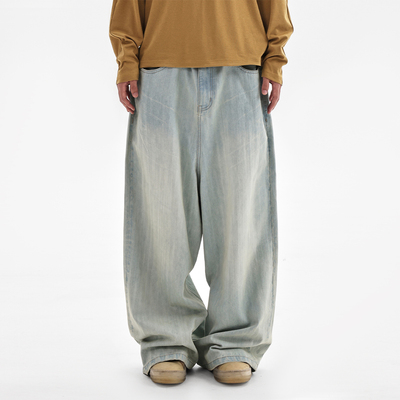 ESAT 水洗浅蓝色廓形闪电猫须竹节牛仔裤长裤