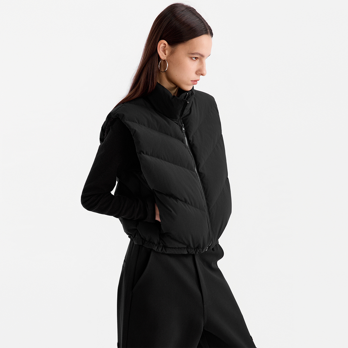 ESAT 短款立领90白鸭绒V压线羽绒马甲