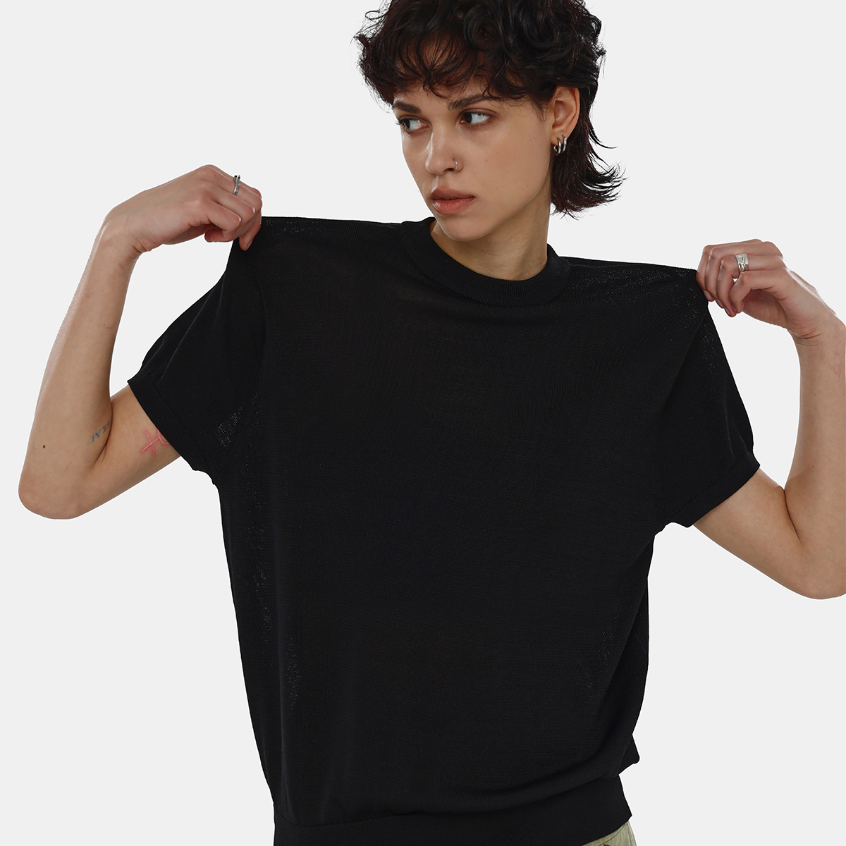 ESAT   双色正肩针织莱赛尔纳米丝合身短袖T恤