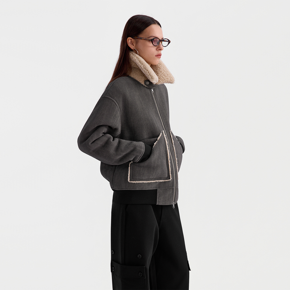 ESAT 皮毛一体仿麂皮毛领羊羔毛外套