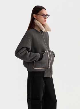 ESAT 皮毛一体仿麂皮毛领羊羔毛外套