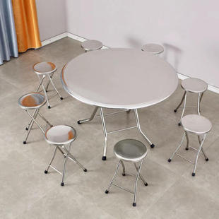 拉丝不锈钢折叠餐桌圆形加厚双层折叠桌工业风家用宿舍便携桌子