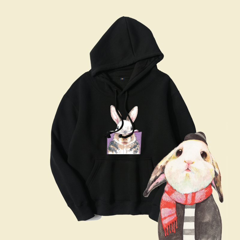 早秋新款手绘兔子印花连帽卫衣外套情侣装衣服春秋冬上衣男潮牌