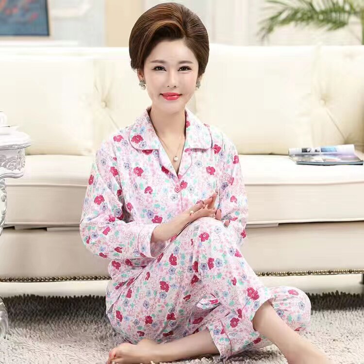 大妈妈纯棉睡衣长袖长裤套装中年妇女休闲女装夏装阿姨印花家居服