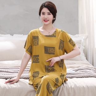 中年妇女薄款 4050岁妈妈装 大码 九分裤 透气夏睡衣全棉绸 人造棉短袖
