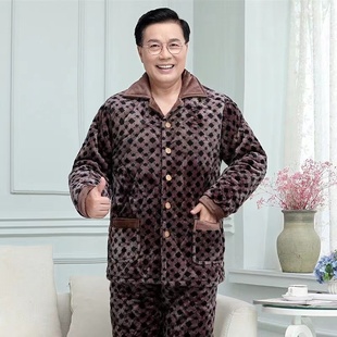 冬季爷爷外穿棉袄睡衣男爸爸北方外套中老年珊瑚绒夹棉休闲家居服