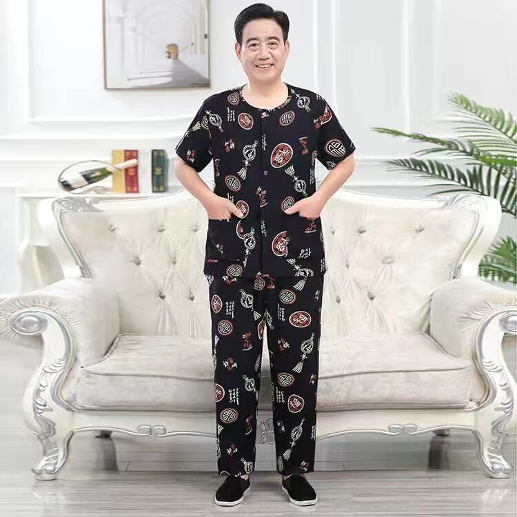 7080岁爷爷夏天薄款衣服老人透气凉快睡衣男短袖纯棉绸爸爸装套装