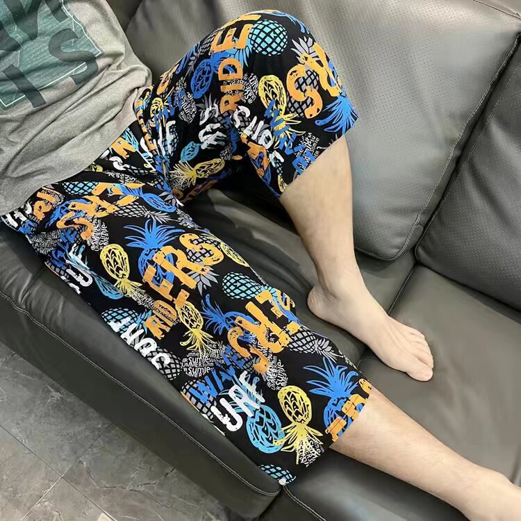 爸爸空调睡裤男夏透气凉快老头爷爷薄款中裤简约纯棉绸老人七分裤