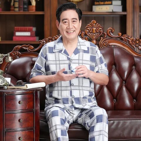 夏季中老年人短袖睡衣男爷爷开衫翻领梭织纯棉5060岁爸爸装家居服